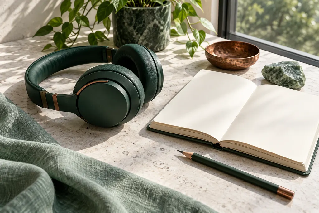 Auriculares verdes junto a un cuaderno abierto