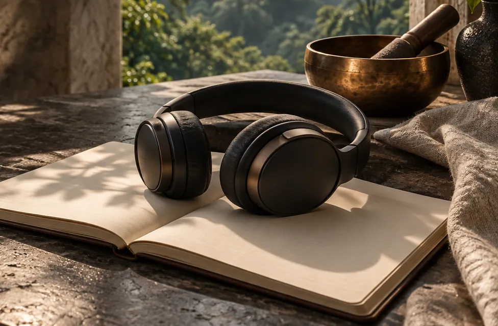 Un casque audio posé sur un cahier ouvert, près d’un bol en cuivre et d’une fenêtre donnant sur la forêt