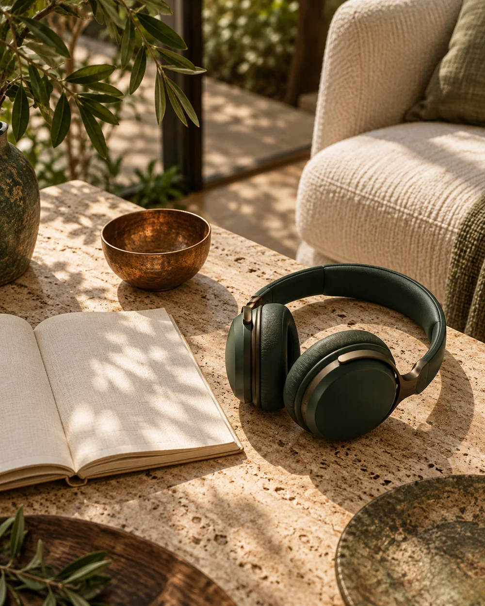 Audífonos junto a un cuaderno y un cuenco de cobre en un espacio de escucha