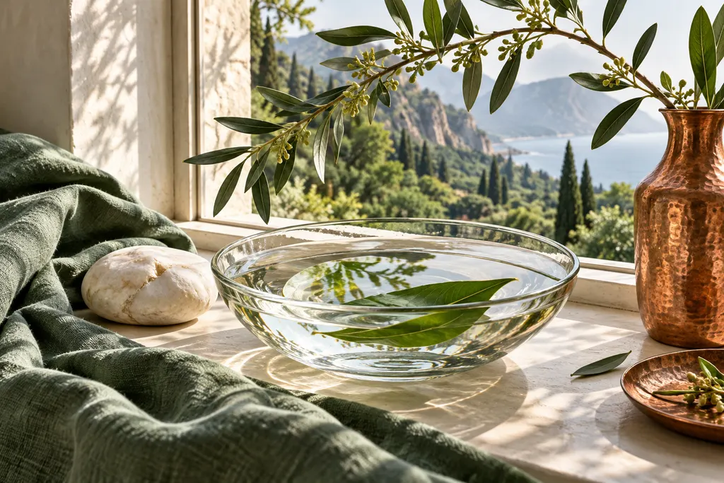 Agua, hoja verde y lino en una composición luminosa de autocuidado