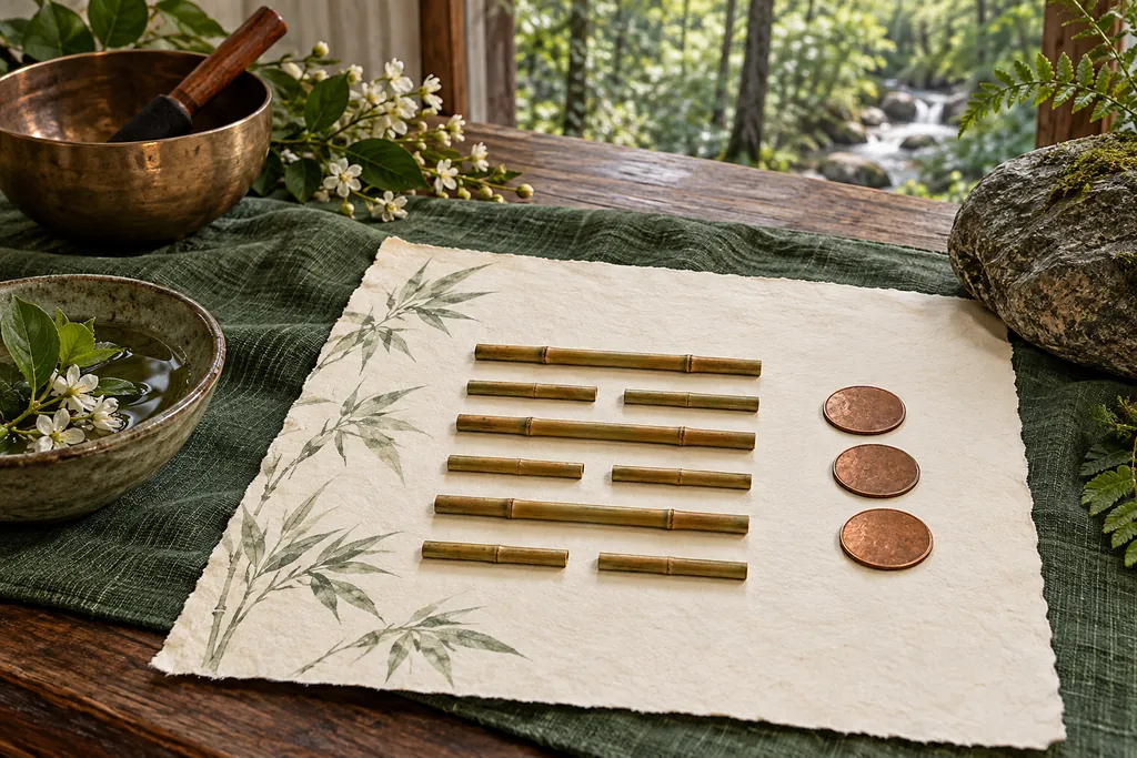 Tres monedas de cobre junto a un hexagrama de seis filas de bambú sobre papel natural
