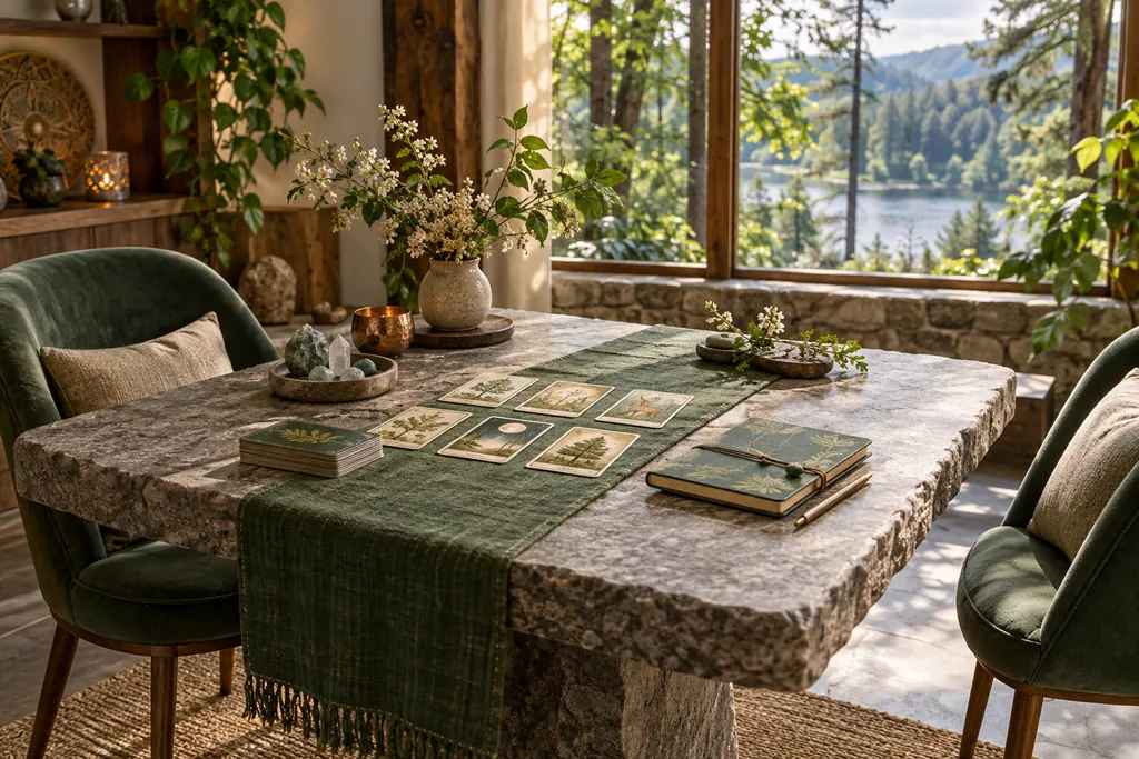 Mesa de consulta con dos lugares, cartas ilustradas y un cuaderno junto a una ventana al bosque
