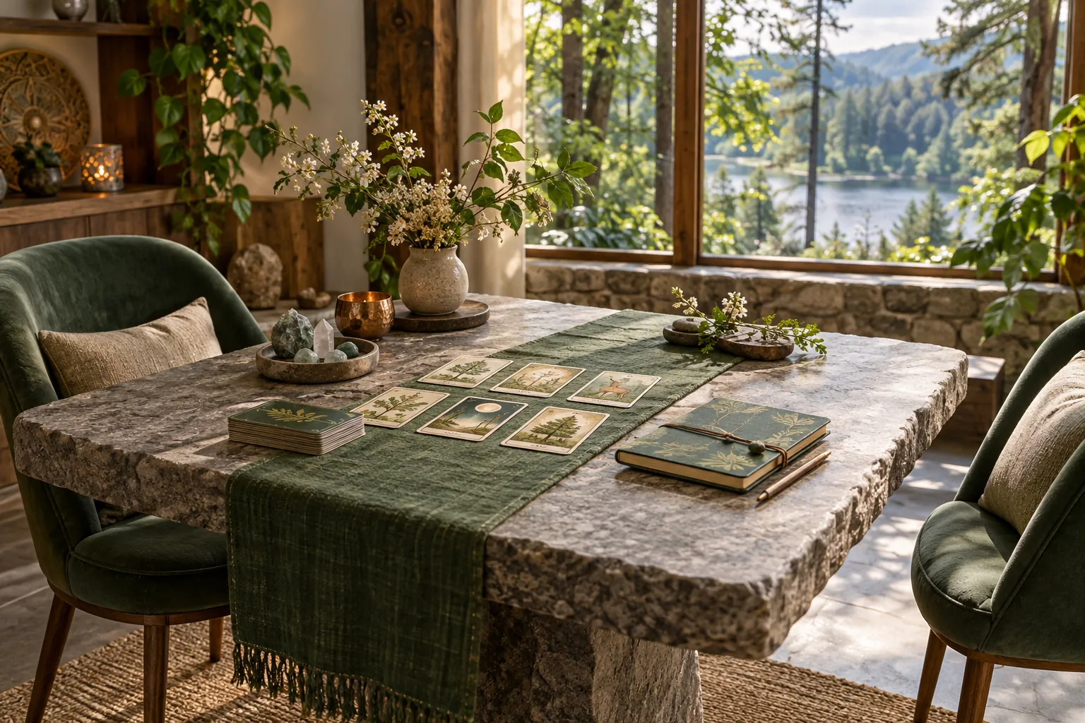 Mesa de consulta con dos lugares, cartas ilustradas y un cuaderno junto a una ventana al bosque