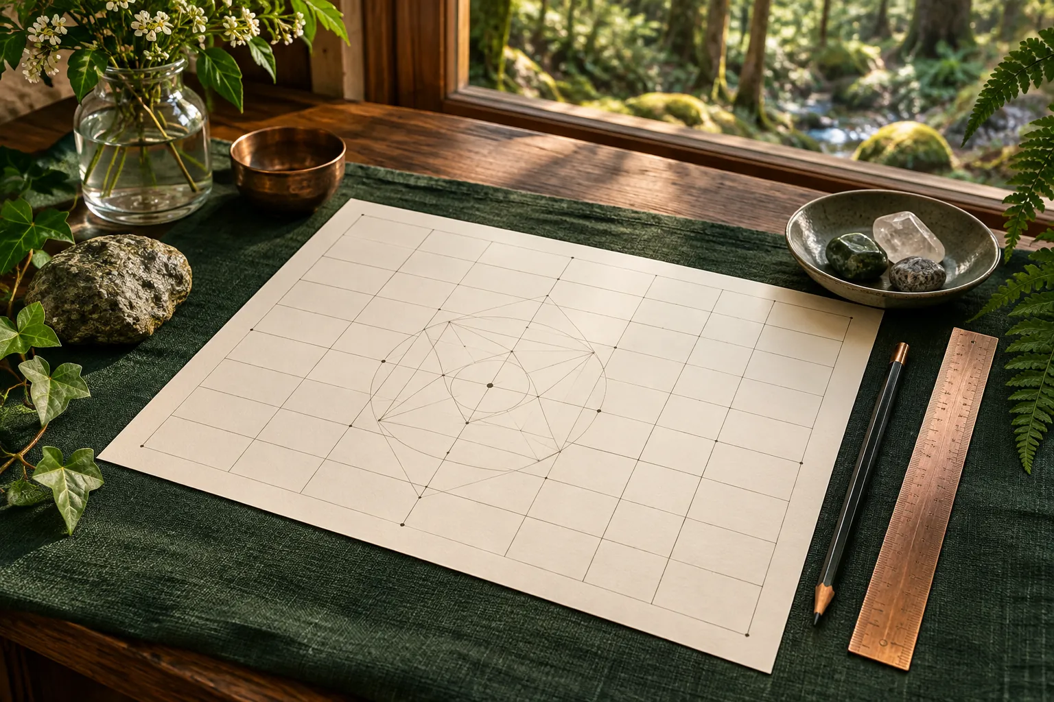 Hoja de cálculo marfil con celdas en blanco, regla de cobre, lápiz y tres piedras sobre lino verde
