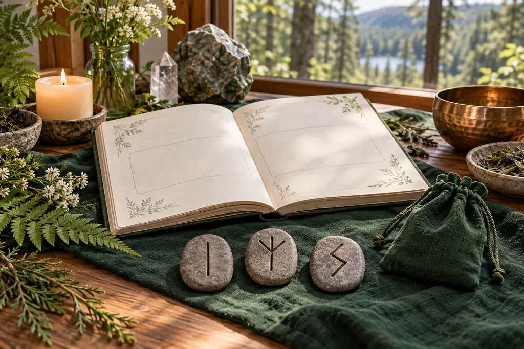 Cuaderno de práctica abierto, tres piedras con runas grabadas y una bolsa de tela verde