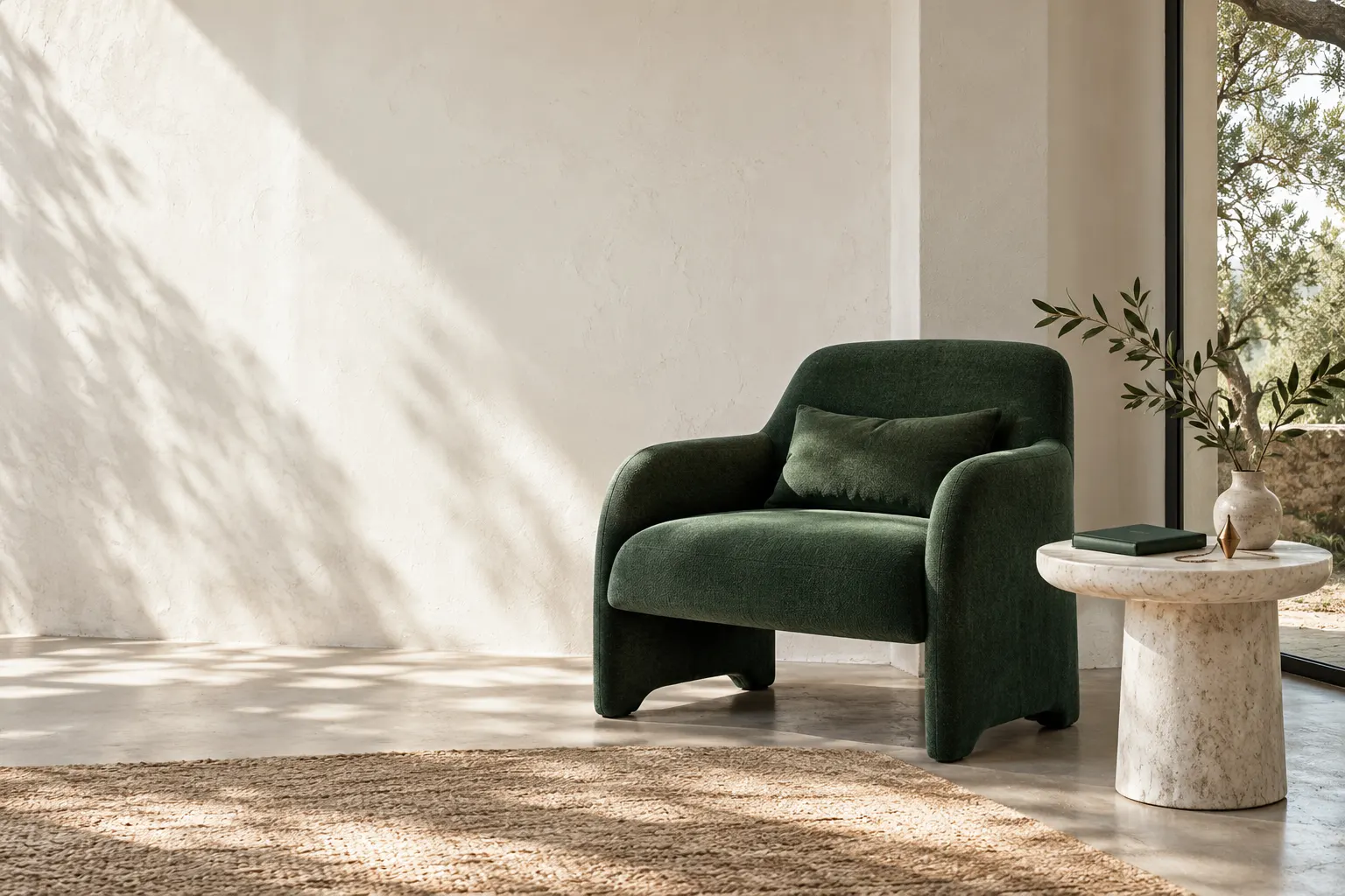 Espacio conceptual con sillón verde y mesa de piedra junto a una ventana