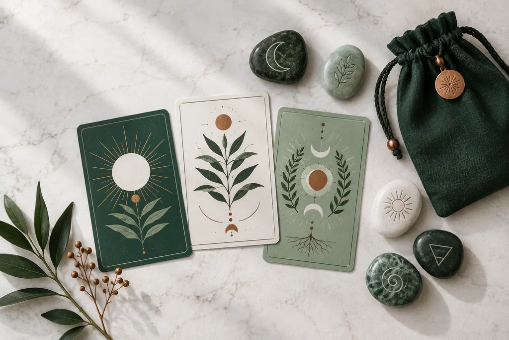 Composición editorial de cartas ilustradas, piedras y bolsa verde