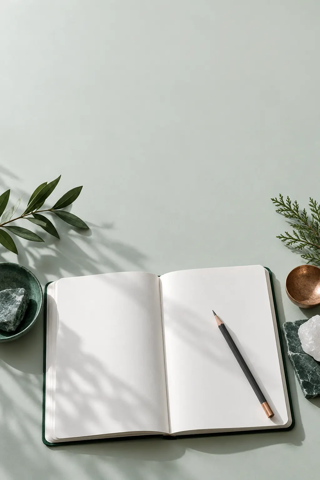 Cuaderno abierto y lápiz sobre una superficie verde suave