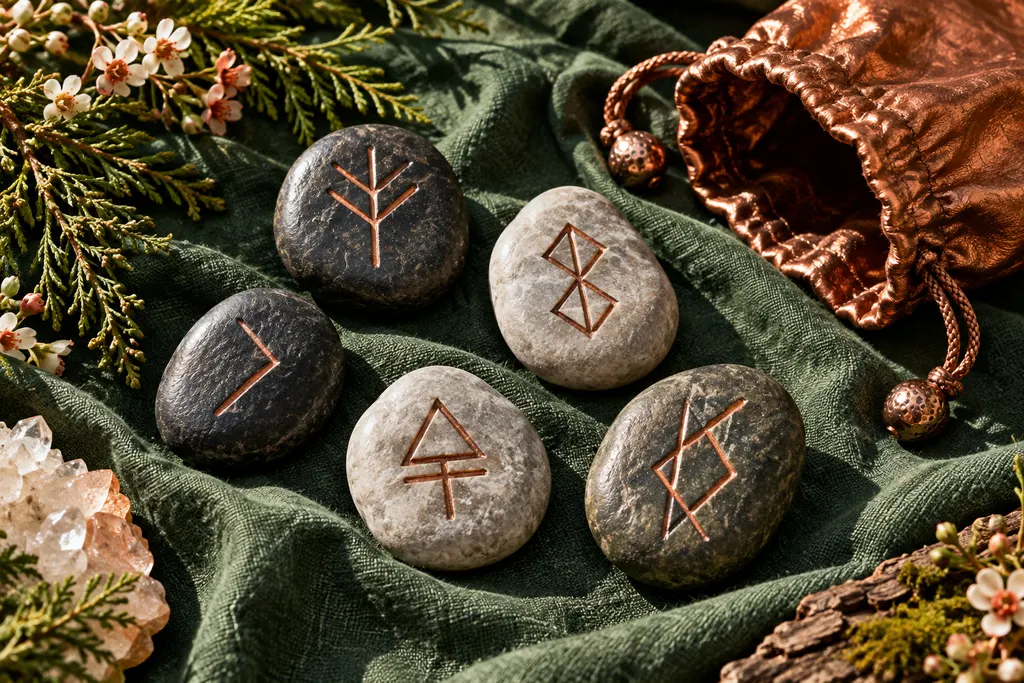 Composición editorial de piedras grabadas con símbolos angulares y una bolsa de cobre