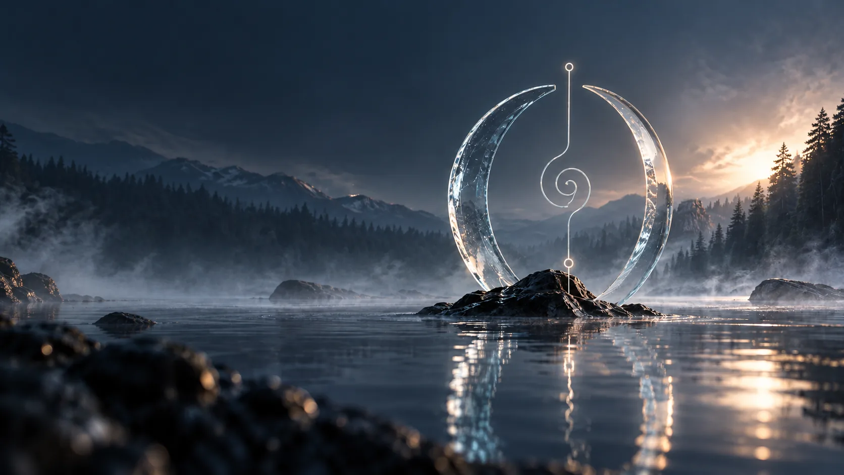 Un portal de cristal con forma de arcos abiertos sobre una roca, en un lago con niebla al amanecer