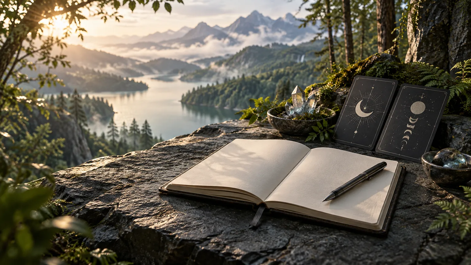 Cartas ilustradas y un diario abierto sobre una roca junto a un lago, dos formas de acercarse