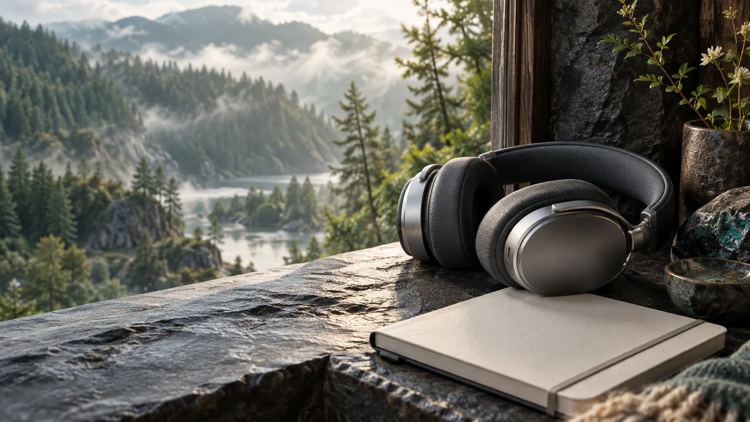 Auriculares grafito y un cuaderno junto a una ventana con vista al bosque