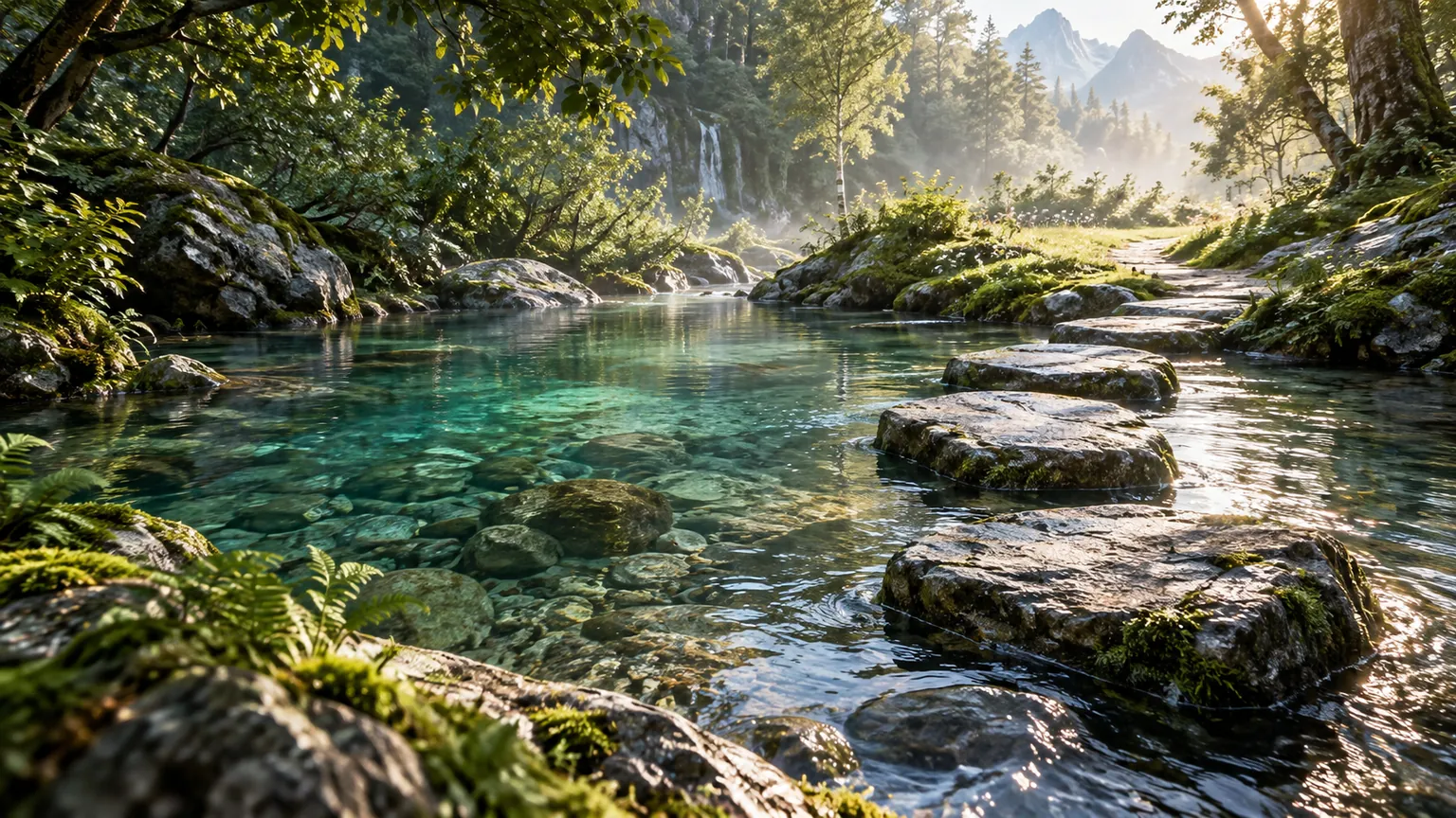 Piedras de paso sobre agua clara hacia un sendero abierto