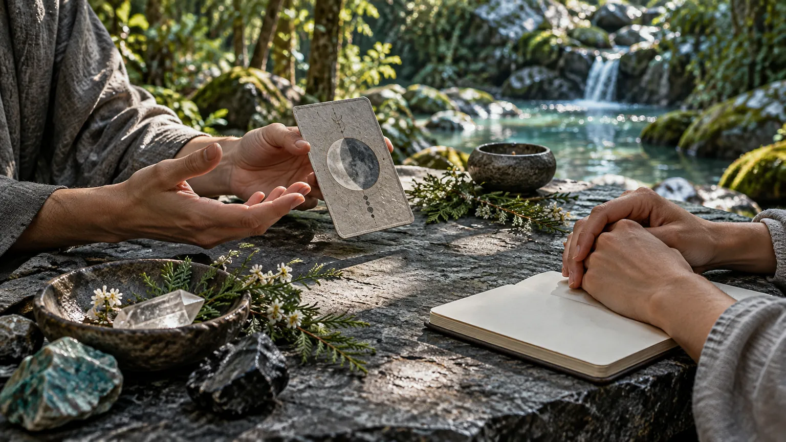 Manos de dos personas conversando sobre una carta, un cuaderno y piedras junto a un arroyo
