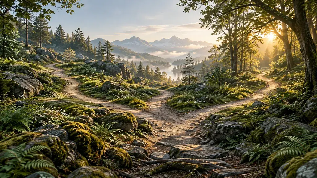 Un sendero de bosque con luz de amanecer y montañas al fondo