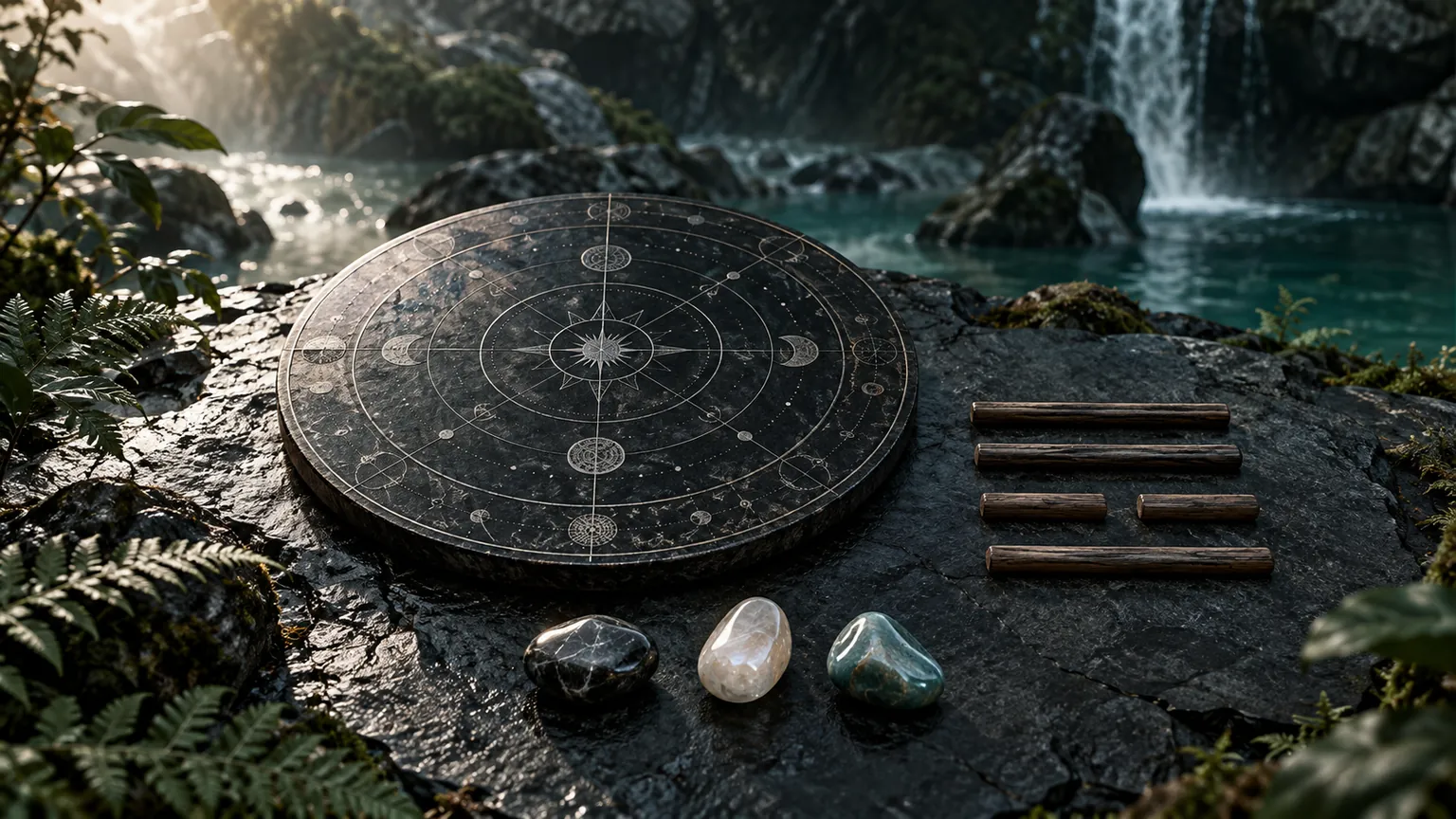 Un disco con marcas astronómicas, piedras y varillas sobre una roca junto a una cascada