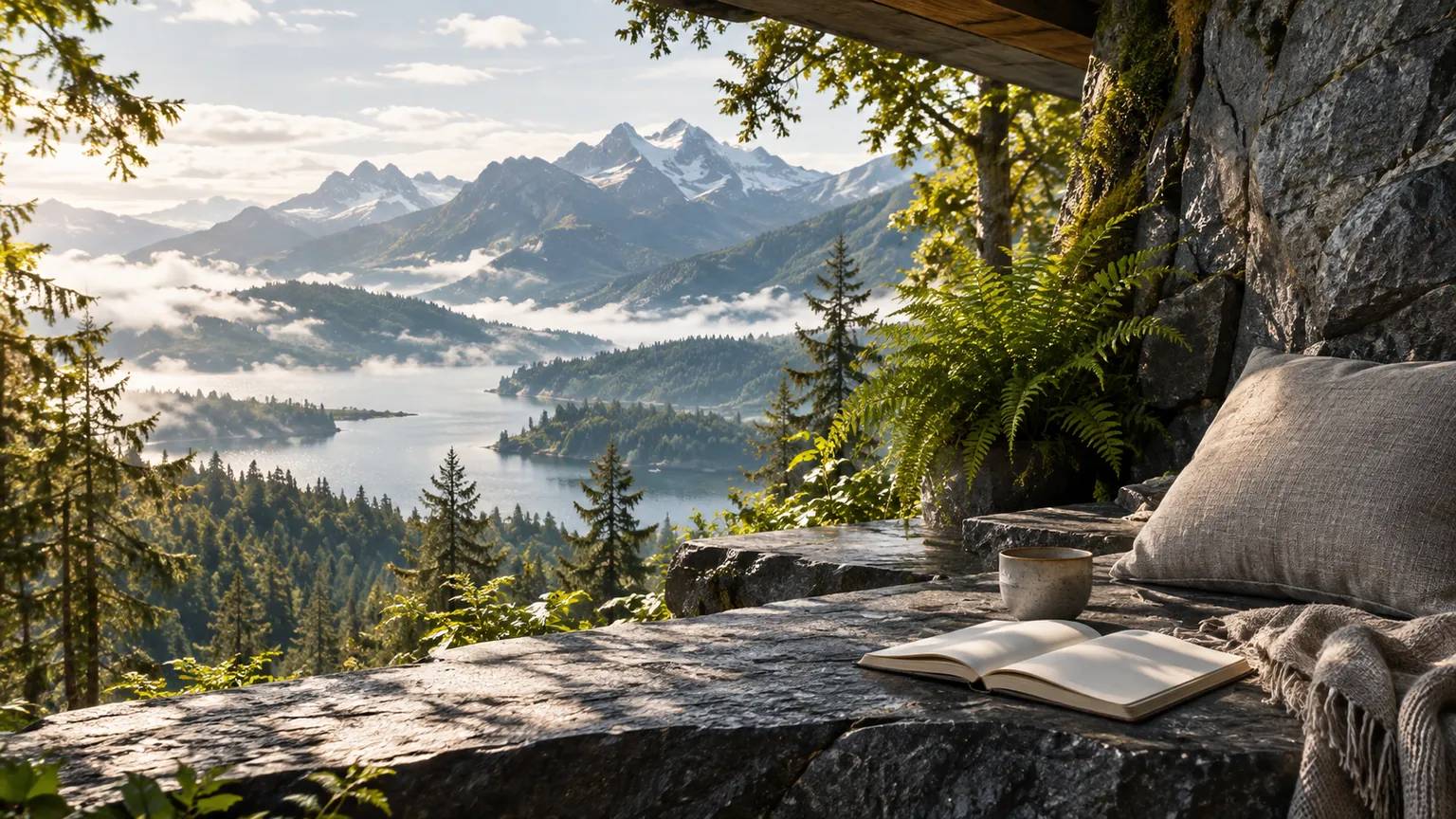 Terraza de piedra con cojín, diario y taza frente a un valle de bosque con niebla