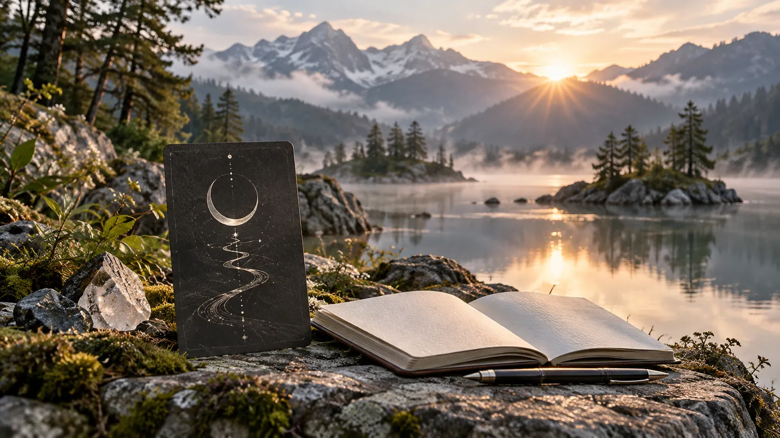 Una carta con una luna junto a un cuaderno abierto y un lago tranquilo al amanecer