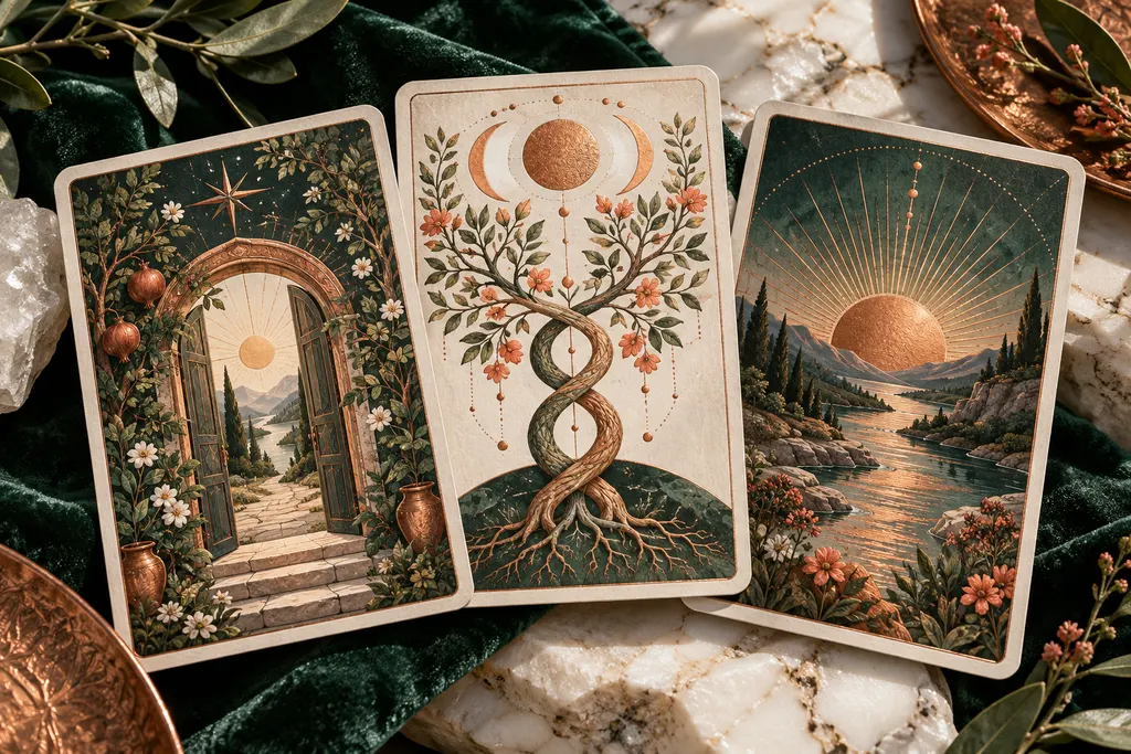 Tres cartas ilustradas con símbolos botánicos sobre terciopelo verde